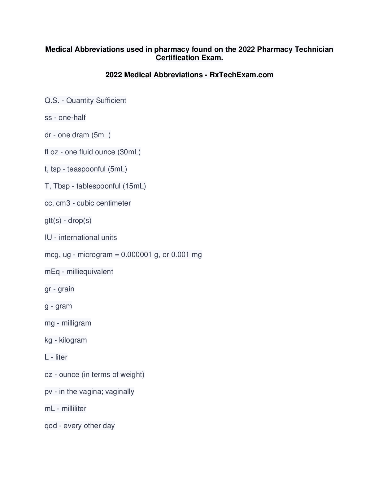 Preview image for   Medical Abbreviations - RxTechExam